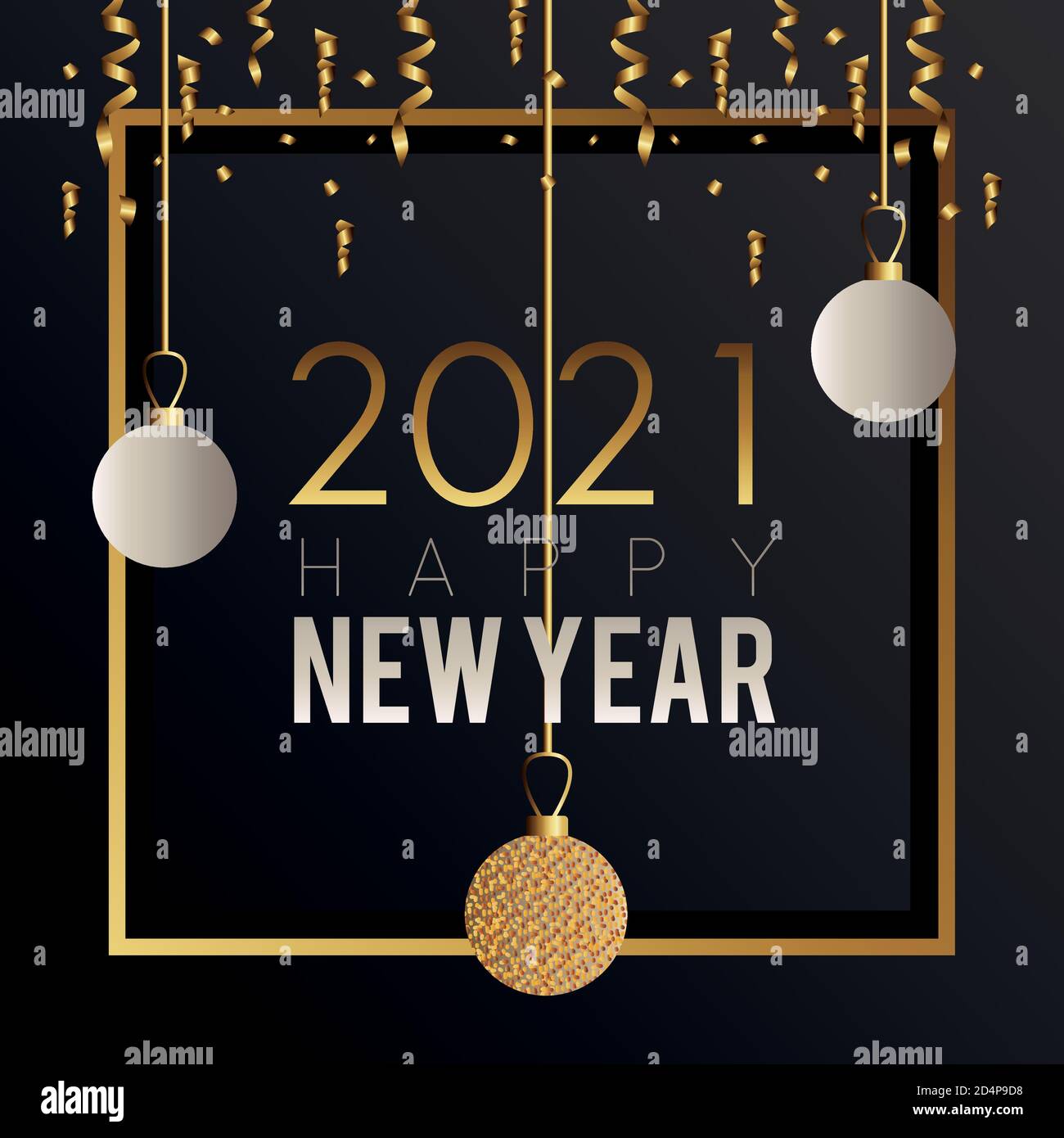 happy new year 2021 lettering with balls hanging square frame vector illustration design Stock Vector