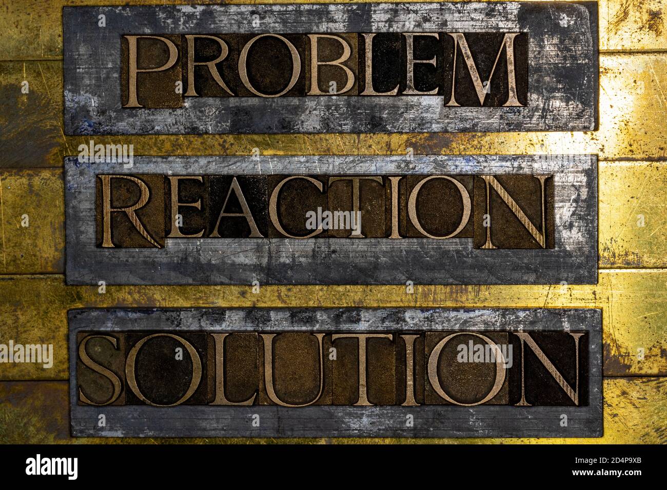 Problem Reaction Solution text message on textured grunge copper and  vintage gold background Stock Photo - Alamy