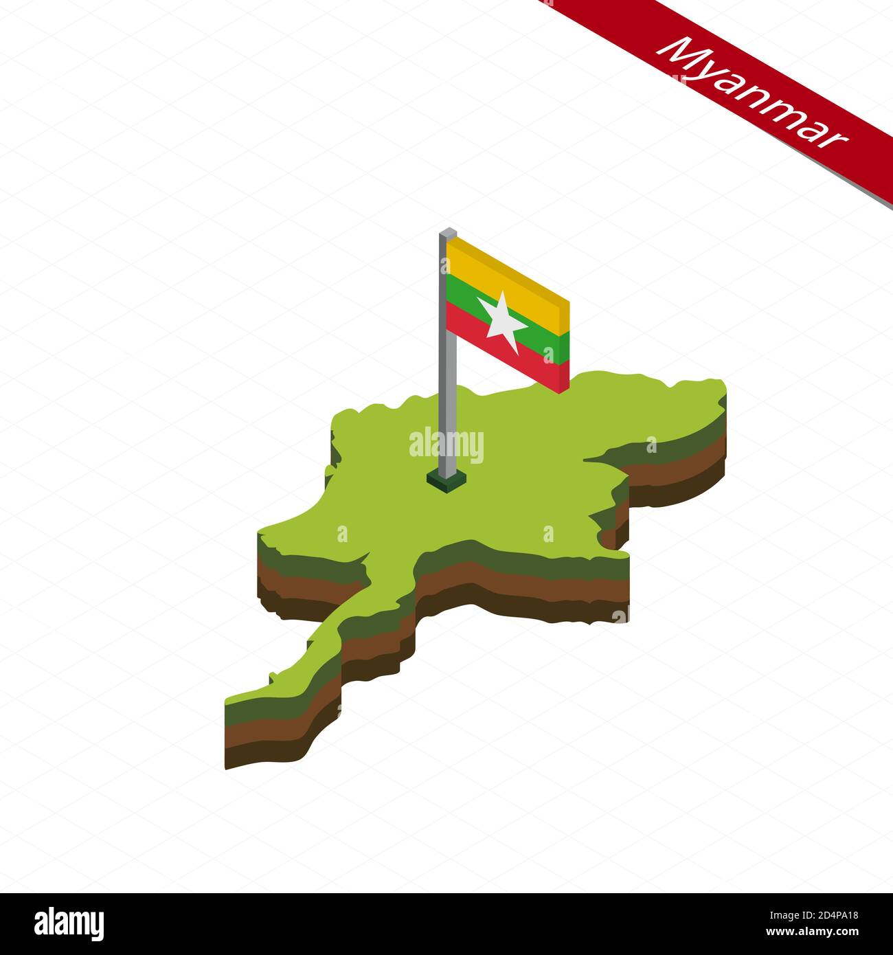 Isometric map and flag of Myanmar. 3D isometric shape of Myanmar. Vector Illustration. Stock Vector
