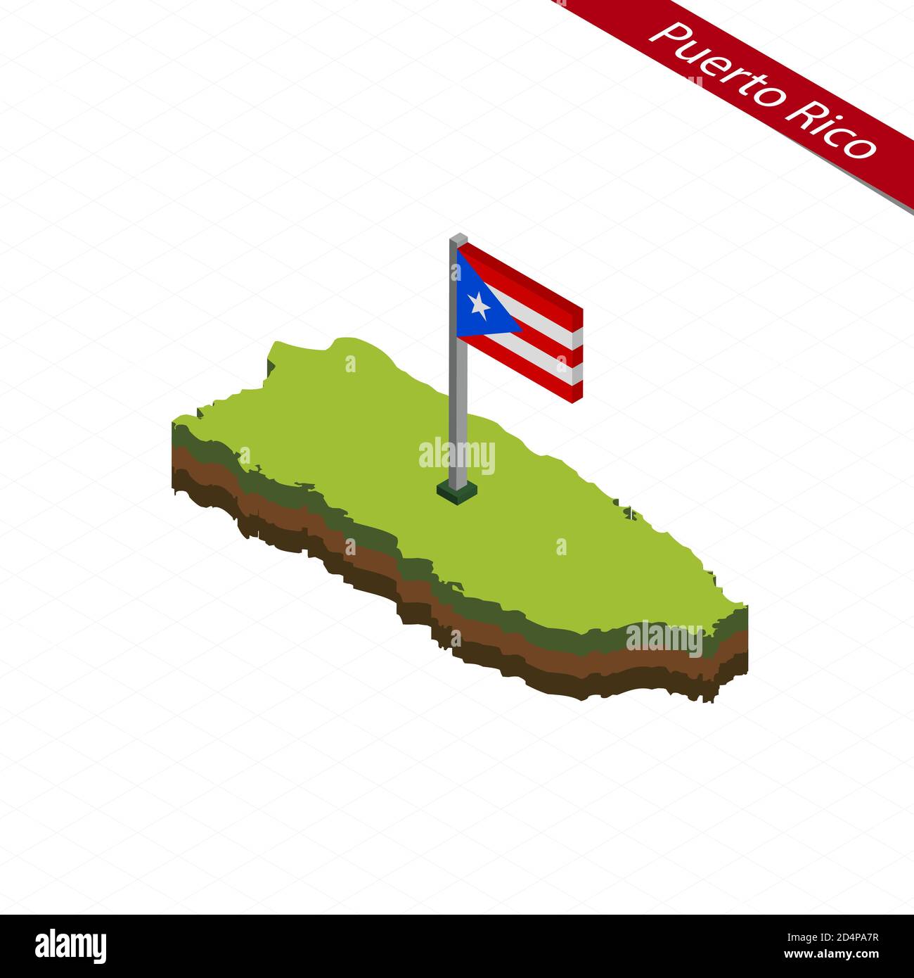 Isometric map and flag of Puerto Rico. 3D isometric shape of Puerto
