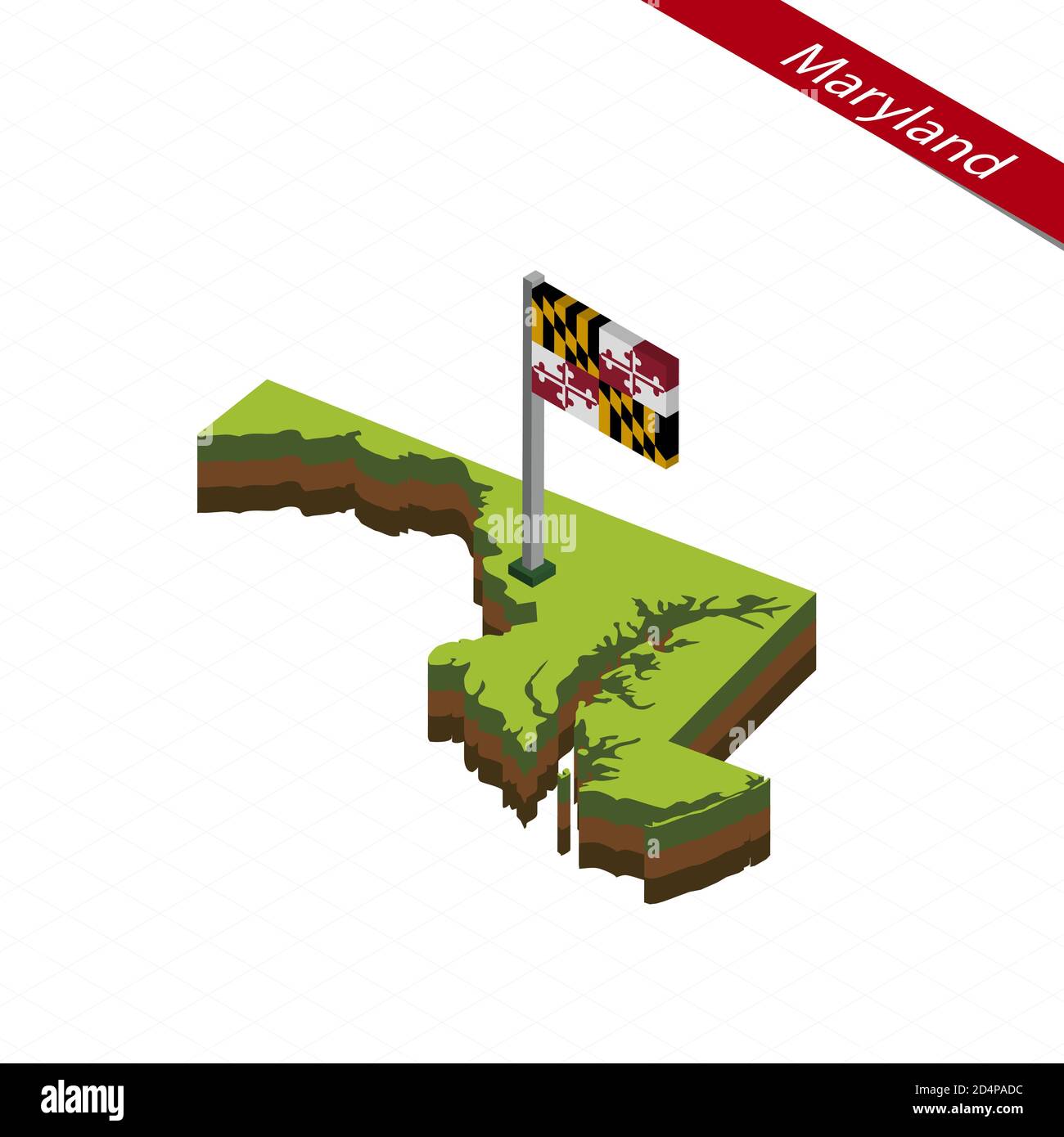 Isometric map and flag of Maryland. 3D isometric shape of Maryland