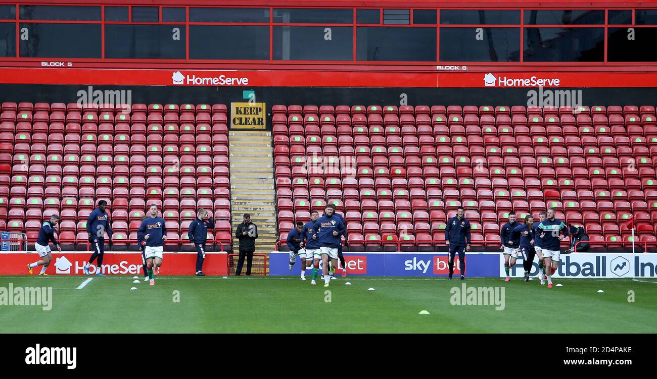 10th October 2020; Bescot Stadium, Wallsall, West Midlands, England; English Football League Two, Walsall FC versus Colchester United; Walsall players warming up Stock Photo