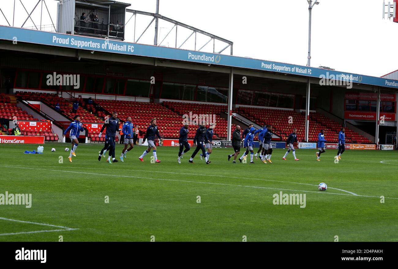 10th October 2020; Bescot Stadium, Wallsall, West Midlands, England; English Football League Two, Walsall FC versus Colchester United; Colchester players warming up Stock Photo
