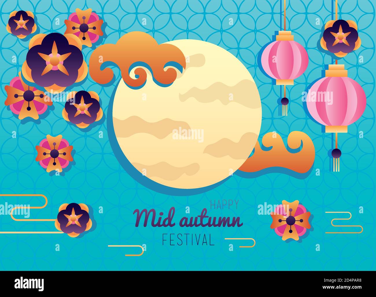 happy mid autumn festival lettering poster with moon and lanterns ...