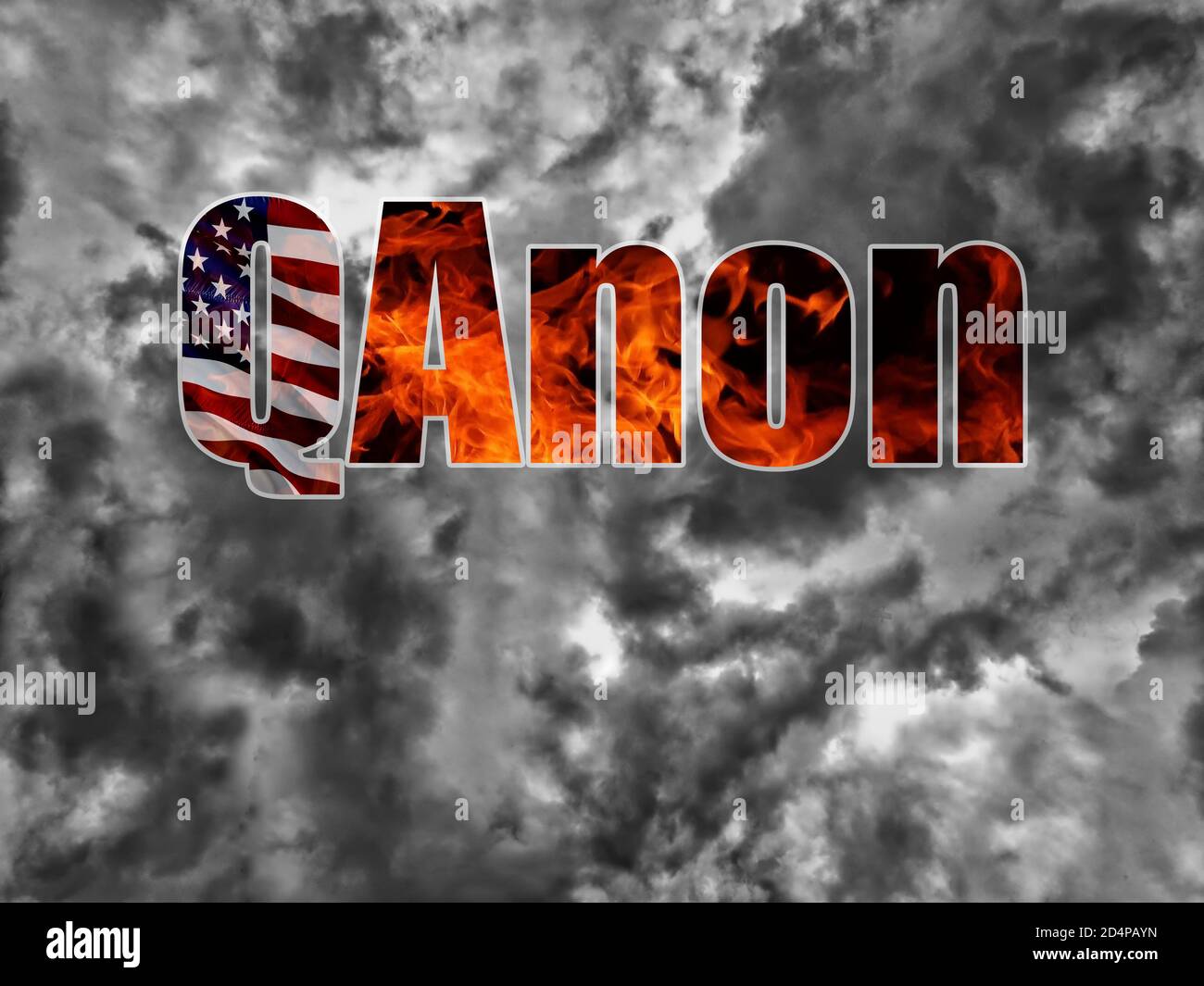 QAnon or Q Anon deep state conspiracy theory waving usa flag against dramatic sky Stock Photo