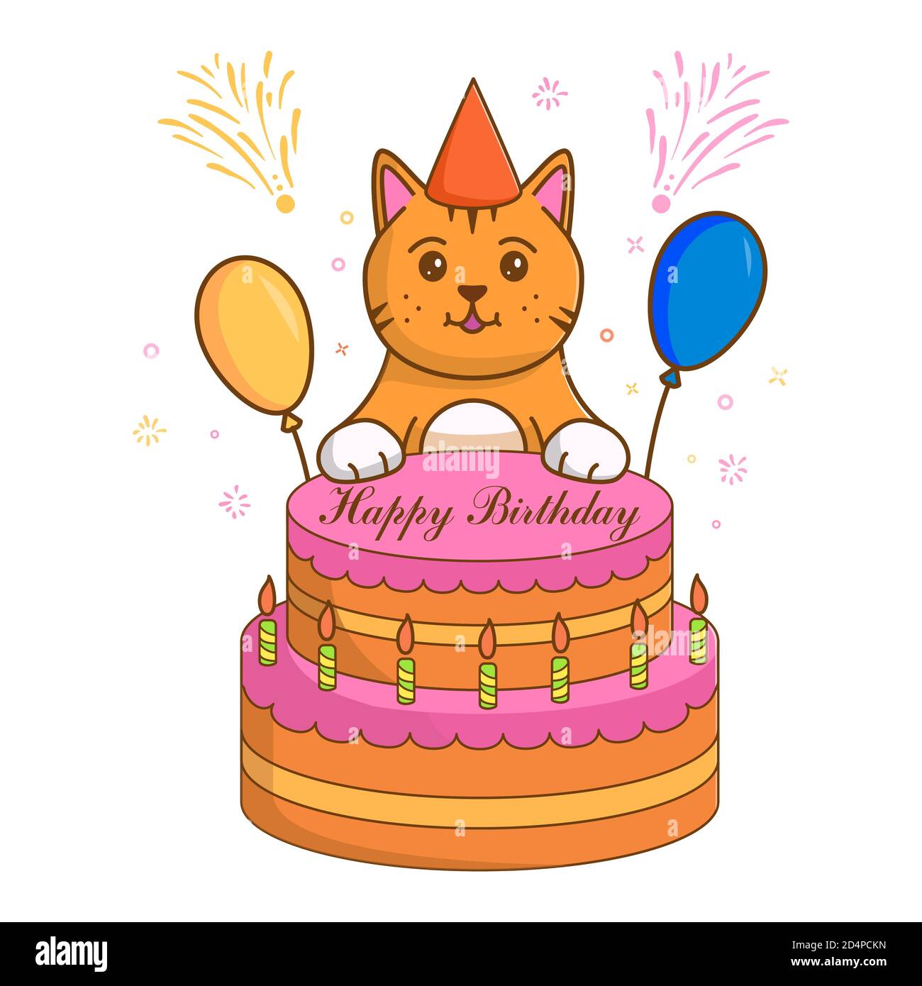 Cute cat.Kitten in a celebratory cap. Birthday cake and balloons. Stock Vector