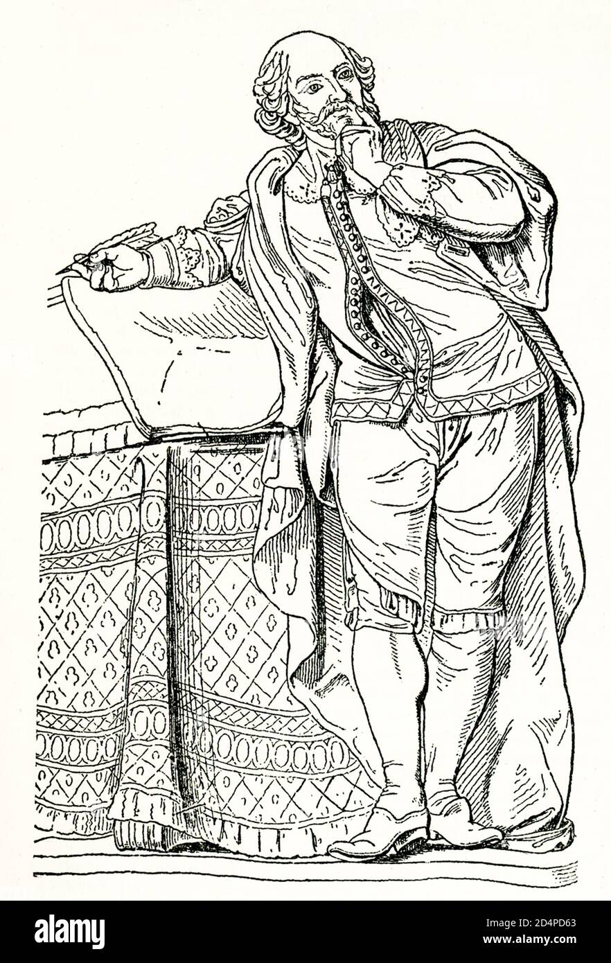 This 1905 illustration of William Shakespeare is based on a statue of the English author. William Shakespeare (died 1616) was an English poet and playwright - and is considered by many to be the best English writer ever. Stock Photo