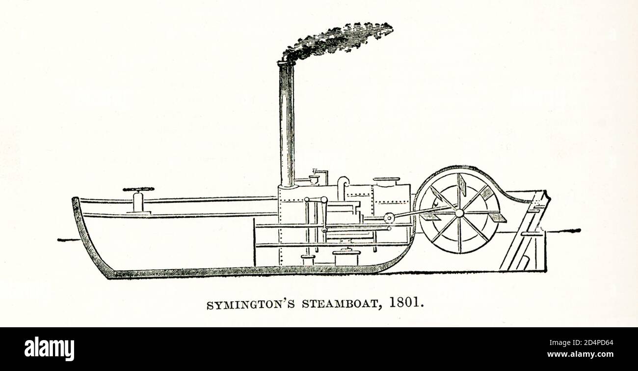 This 1905 illustration shows Symington’s steamboat from 1801. William Symington (1764–1831) was a Scottish engineer and inventor, and the builder of the first practical steamboat, the Charlotte Dundas, which was first sailed in 1803. Stock Photo