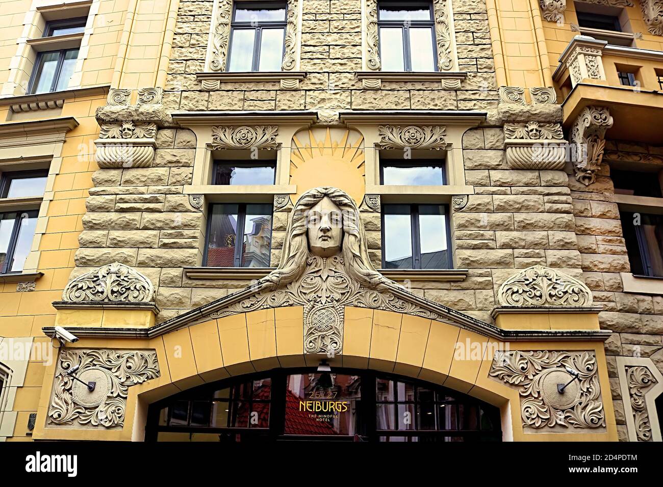 RIGA, LATVIA - AUGUST 28, 2018: Building facade on the Jauniela Street 25 (Flower Street in the soviet television movies 'Seventeen Moments of Spring' Stock Photo