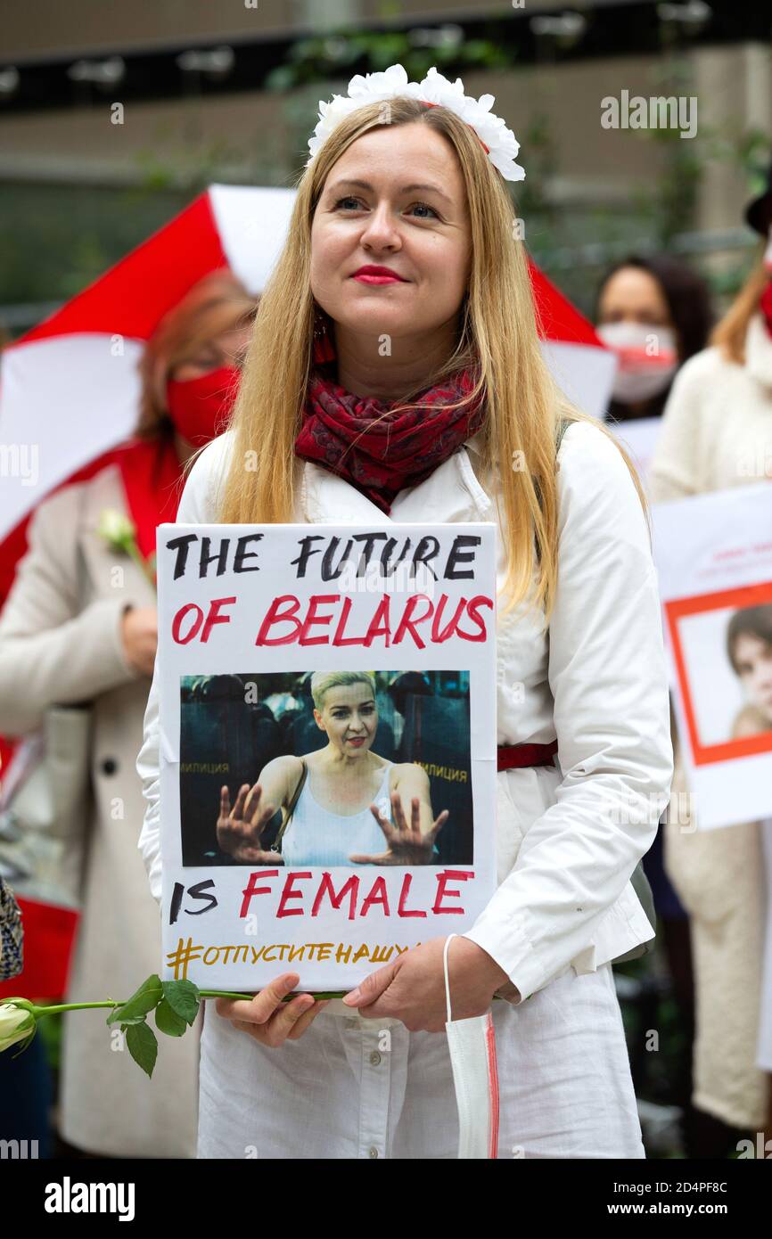 London, UK- 10 Oct 2020. Girls and women around the world will take part in protest marches in solidarity with the women of Belarus. Britain today withdrew its Ambassador to Belarus in Solidarity with Poland and Lithuania after President Alexander Lukashenko expelled 35 Diplomats from those countries. Dominic Raab announced that Jacqueline Perkins, is being temporarily withdrawn. Belarusian Suffragettes march from Christchurch Gardens to Parliament Square to the statue of Millicent Fawcett with its message “Courage Calls to Courage Everywhere” where the names and stories of Belarusian women w Stock Photo