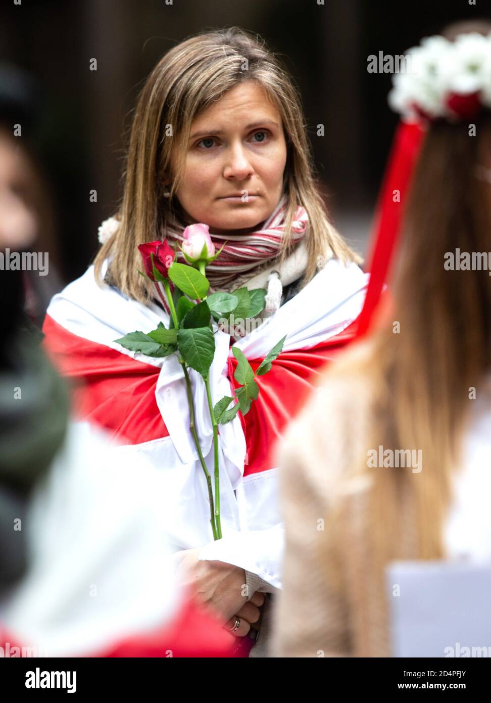 London, UK- 10 Oct 2020. Girls and women around the world will take part in protest marches in solidarity with the women of Belarus. Britain today withdrew its Ambassador to Belarus in Solidarity with Poland and Lithuania after President Alexander Lukashenko expelled 35 Diplomats from those countries. Dominic Raab announced that Jacqueline Perkins, is being temporarily withdrawn. Belarusian Suffragettes march from Christchurch Gardens to Parliament Square to the statue of Millicent Fawcett with its message “Courage Calls to Courage Everywhere” where the names and stories of Belarusian women w Stock Photo