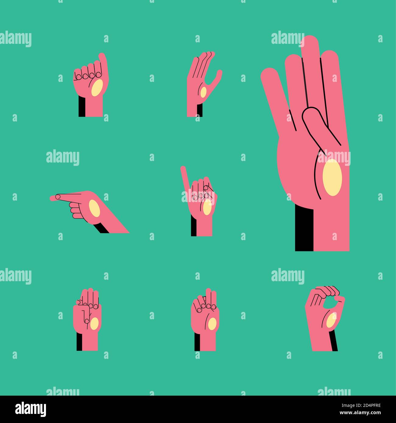 hand sign language alphabet line and fill style icon set design of