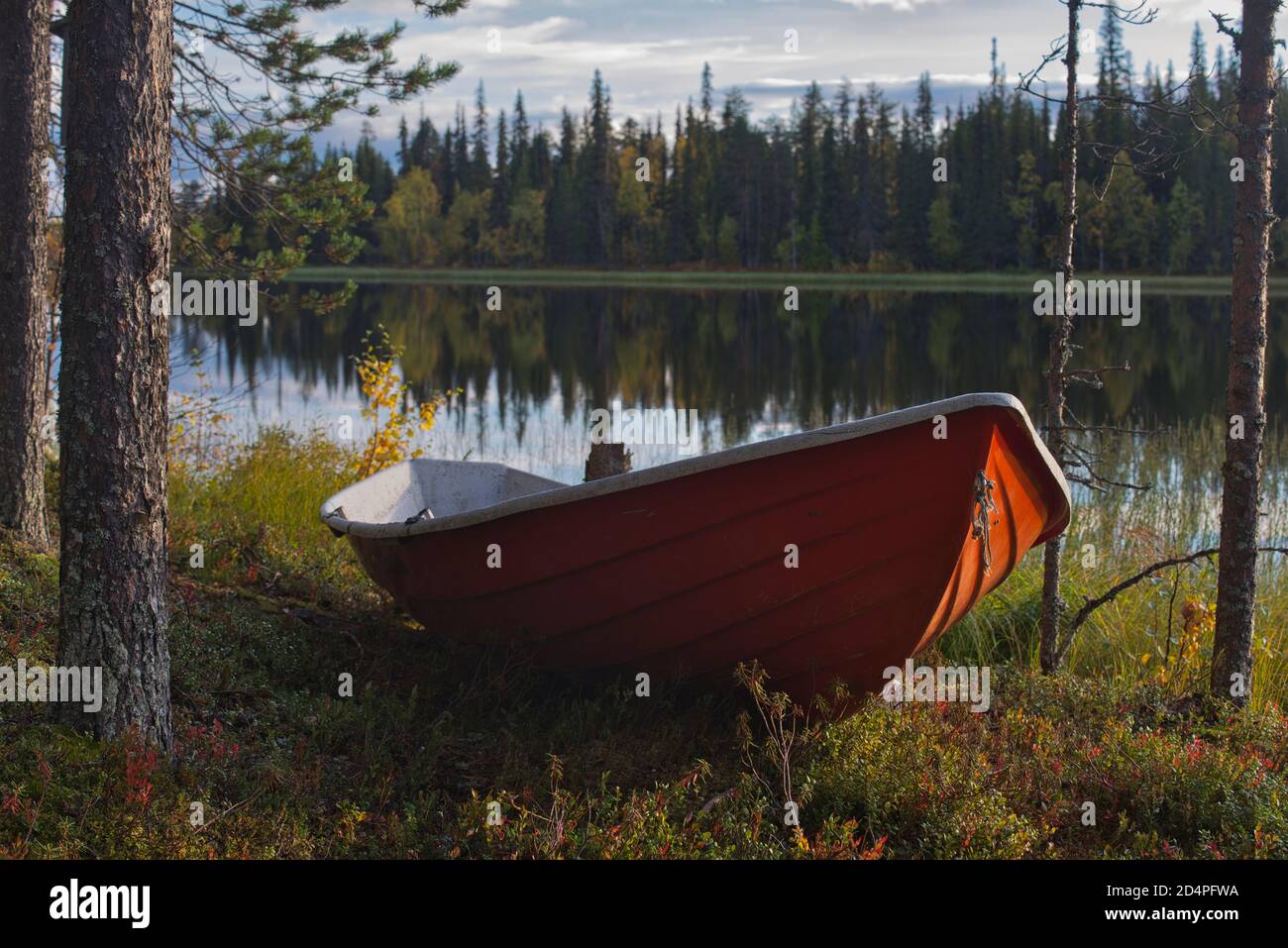 Row boat at Harjujärvi in Muonio,Lapland, Finland Stock Photo