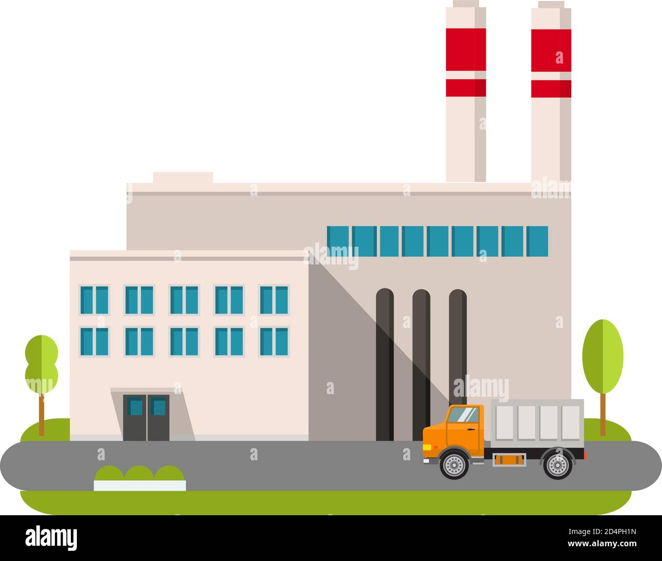 Industrial factory in flat style a vector an illustration.Plant or Factory Building. road tree window facade. Stock Vector