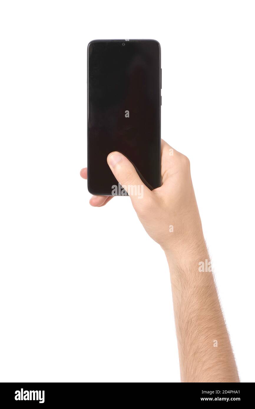 Man hand holding the black smartphone with blank screen. isolated on ...