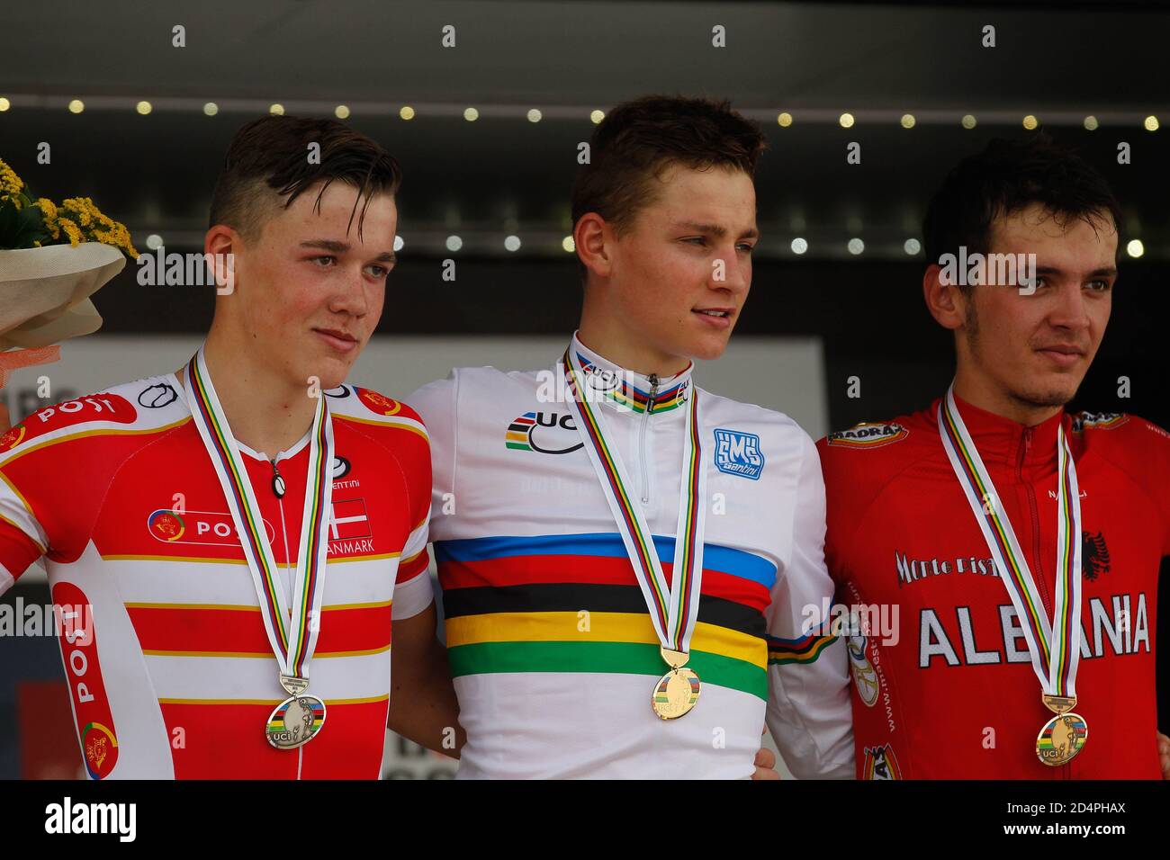 Florence, Italy. 28th Sep, 2013.Mads Pedersen of Danemark , Mathieu Van der  Poel of Nederland and Iltjan Nika of Albanie during the 2013 UCI World Road  Championships, Junior Elite Road Race, on