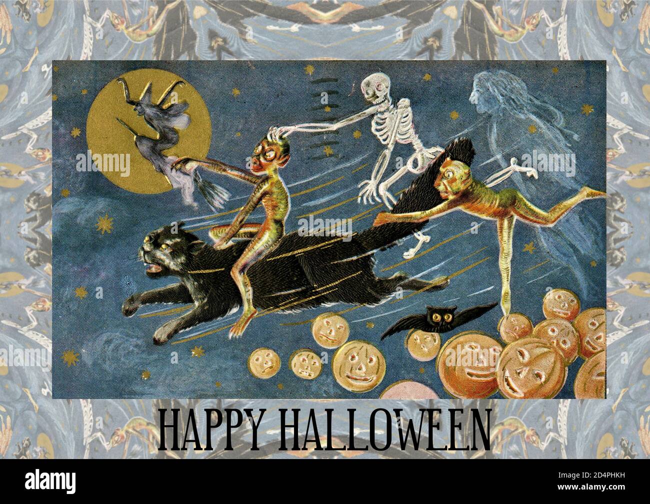Vintage Halloween picture, Pumpkins Galore, with an imp riding a cat in the night sky with witch, broomstick, skeleton, bat and ghost. Stock Photo