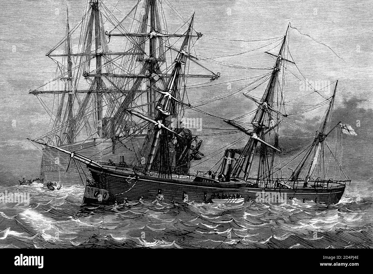 Collision between warships Iron Duke and Vanguard in Irish Channel near Brayhead. Antique illustration. 1875. Stock Photo
