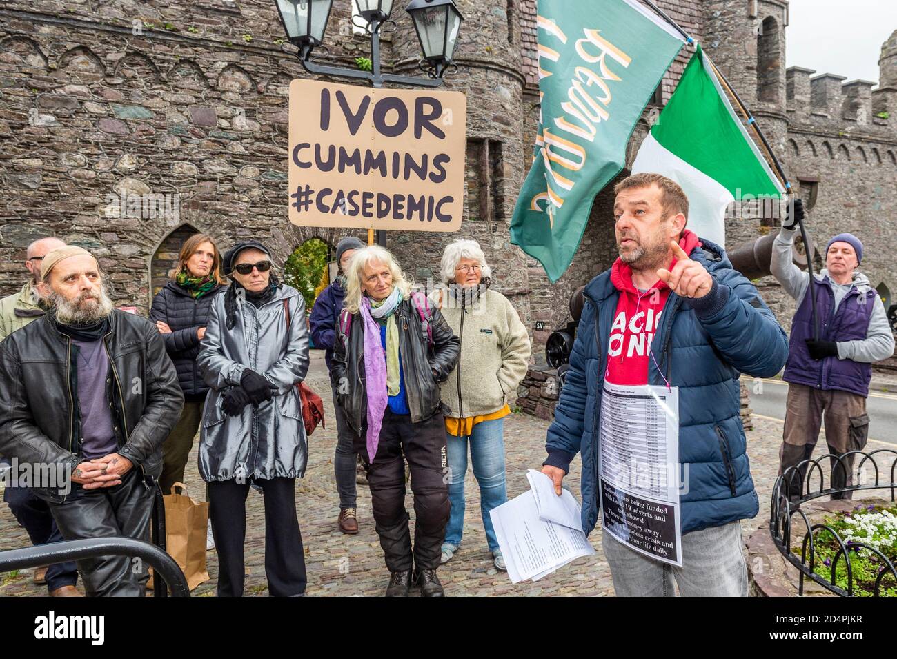 Macroom, West Cork, Ireland. 10th Oct, 2020. A small group of around 40 people gathered outside the Macroom Castle gates this afternoon to protest against what the organiser, Elaine O'Shea, describes as 'Draconian restrictions'. The protestors also bemoaned the lockdown restrictions. Additionally, the event was an anti-corruption demonstration. A variety of people spoke at the protest. Credit: AG News/Alamy Live News Stock Photo