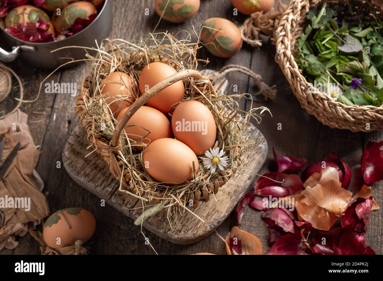 Raw Easter eggs in a basket, ready to be dyied with onion peels Stock Photo