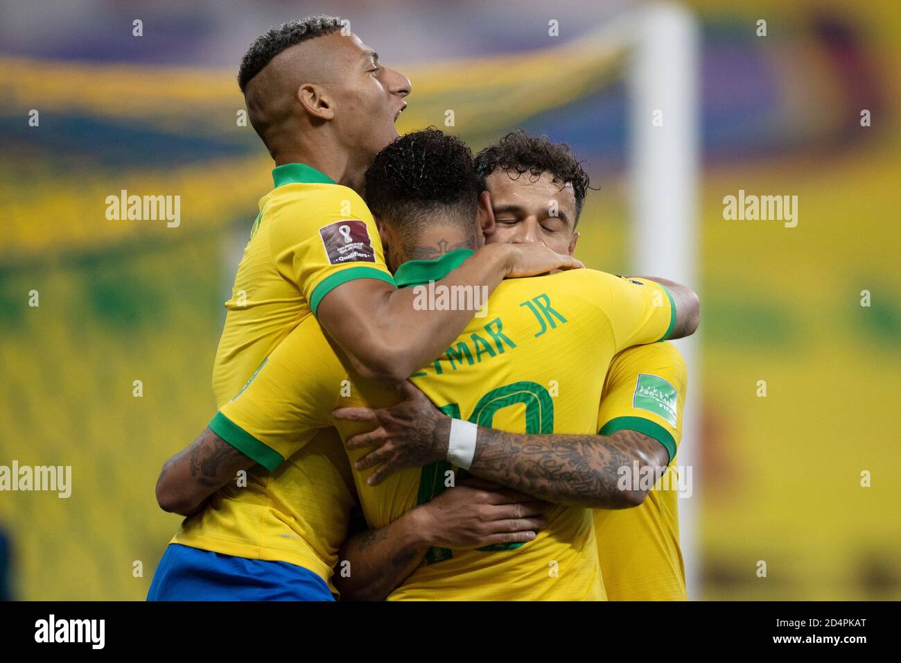 9th October 2020; Arena Corinthians, Sao Paulo, Sao Paulo, Brazil; FIFA World Cup Football Qatar 2022 qualifiers; Brazil versus Bolivia; Philippe Coutinho of Brazil celebrates his goal with Neymar and Richarlison in the 73th minute 5-0 Stock Photo