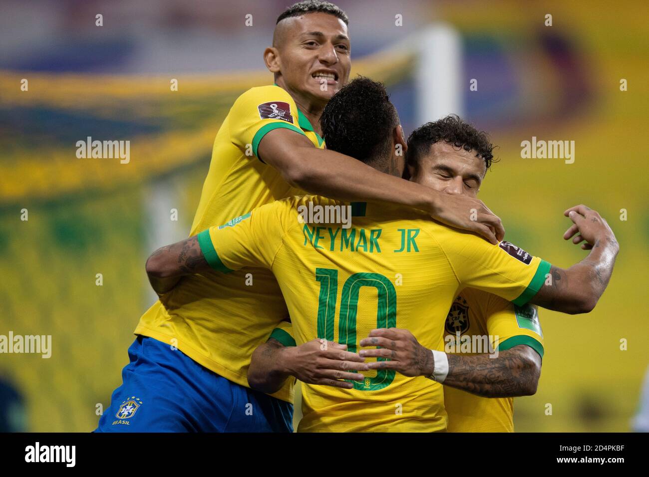 9th October 2020; Arena Corinthians, Sao Paulo, Sao Paulo, Brazil; FIFA World Cup Football Qatar 2022 qualifiers; Brazil versus Bolivia; Philippe Coutinho of Brazil celebrates his goal with Neymar and Richarlison in the 73th minute 5-0 Stock Photo