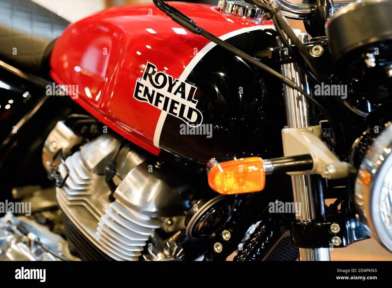 Bordeaux , Aquitaine / France - 10 01 2020 : Royal Enfield logo and sign text on motorcycle fuel tank of vintage motorbike Stock Photo