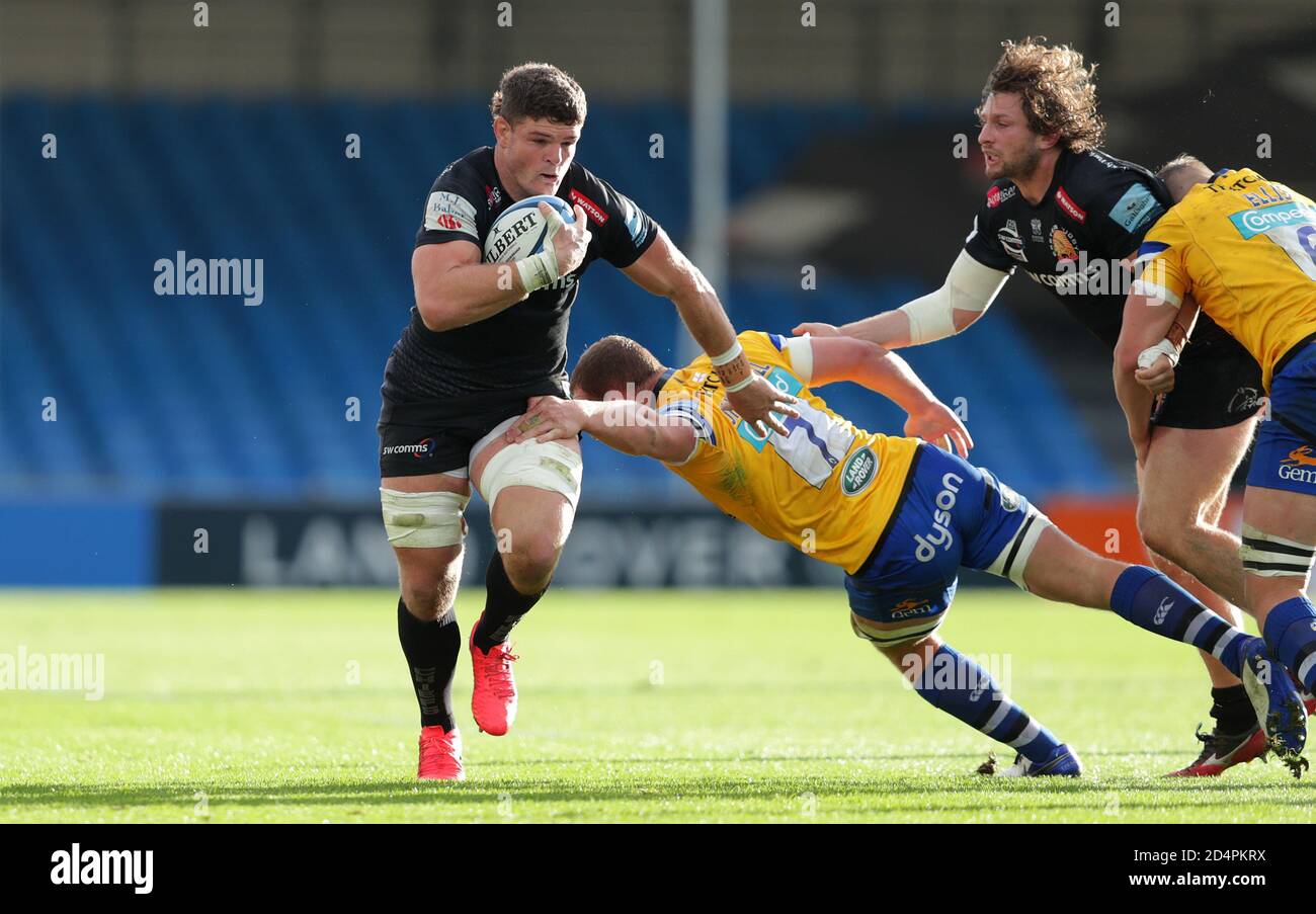 Exeter Chiefs Dave Ewers Left Is Tackled By Bath S Sam Underhill During The Gallagher Premiership Semi Final Match At Sandy Park Exeter Stock Photo Alamy