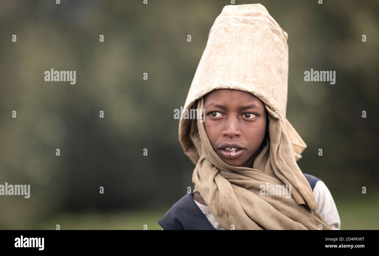 Gondar, Ethiopia, 3rd October 2014: ethiopian kid at the Simien mountains Stock Photo