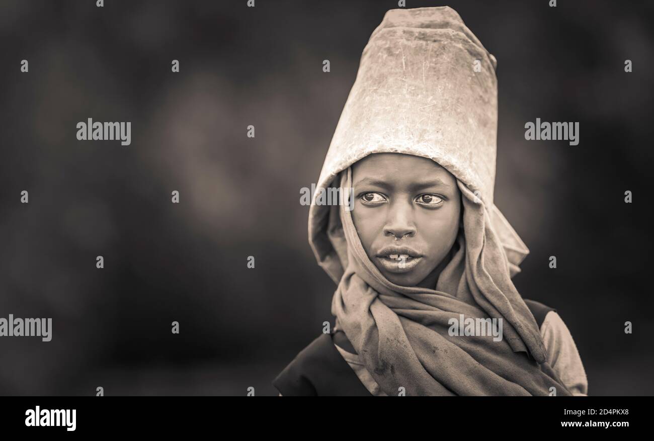 Gondar, Ethiopia, 3rd October 2014: ethiopian kid at the Simien mountains Stock Photo