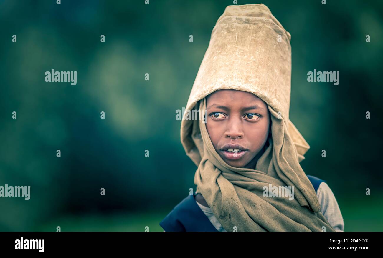 Gondar, Ethiopia, 3rd October 2014: ethiopian kid at the Simien mountains Stock Photo