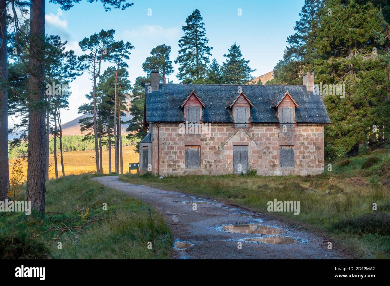The boarded up building of Derry Lodge near Braemar in Aberdeenshire, Scotland, UK Stock Photo