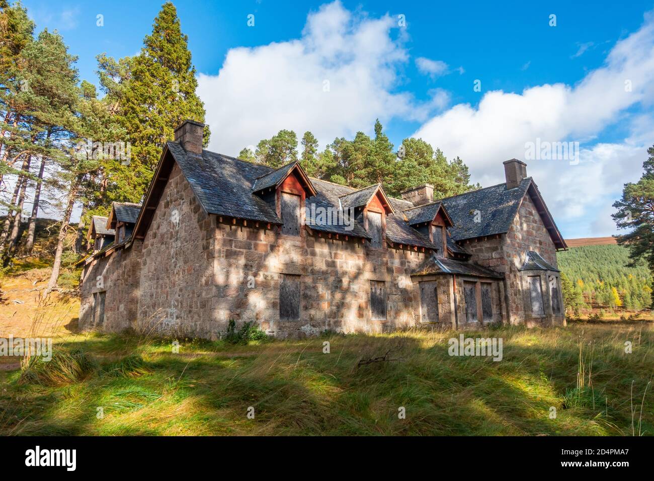 The boarded up building of Derry Lodge near Braemar in Aberdeenshire, Scotland, UK Stock Photo