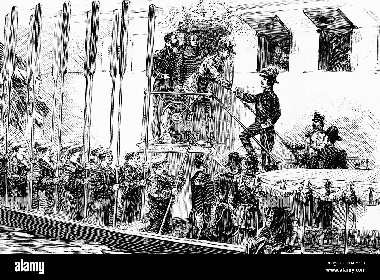 Piraeus (Greece), King George I visiting the prince of Wales aboard the 'Serapis'. Antique illustration. 1875. Stock Photo