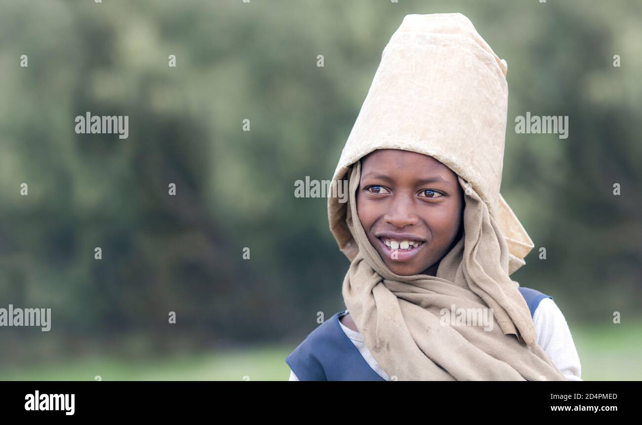 Gondar, Ethiopia, 3rd October 2014: ethiopian kid at the Simien mountains Stock Photo