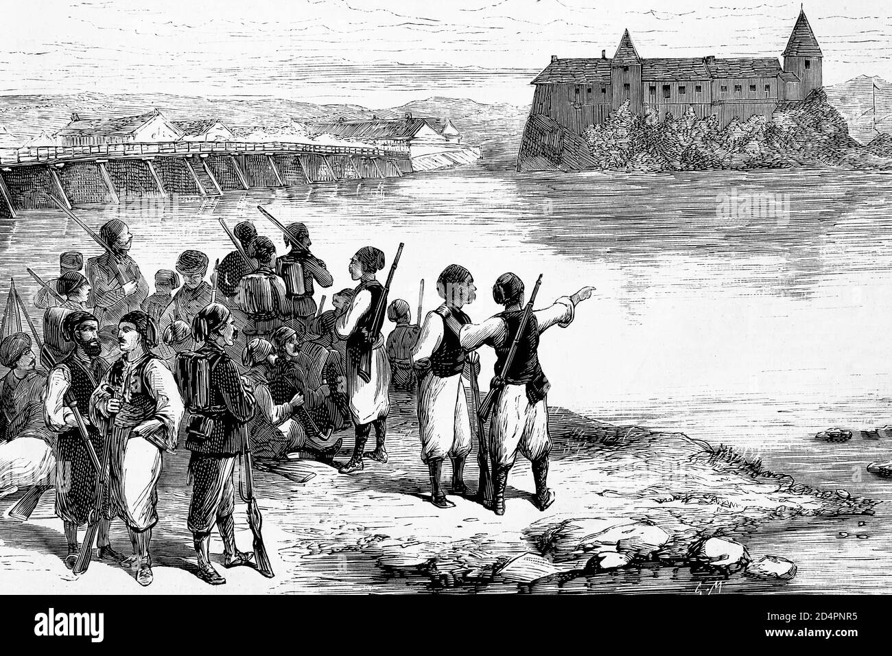 Kostanitza, Herzegovina. Detachment of Turkish troops under observation, near the border with Bosnia. Antique illustration. 1875. Stock Photo