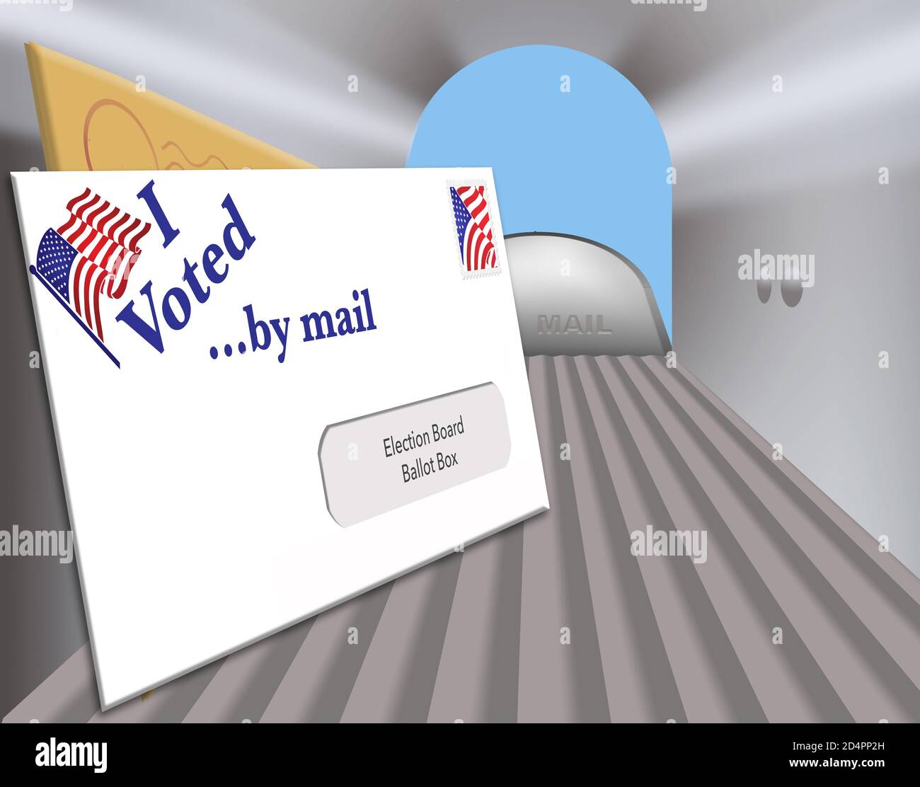 A election ballot envelope in a mailbox is ready to be mailed and includes the words: “I Voted by mail”. Stock Photo
