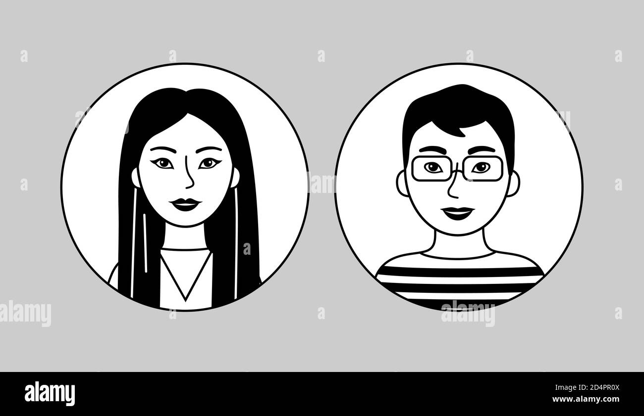 Asian man and woman, black and white vector pictogram.  Korean, Japanese or Chinese, simple flat icon. Cartoon friendly cute people, outline avatars. Stock Vector