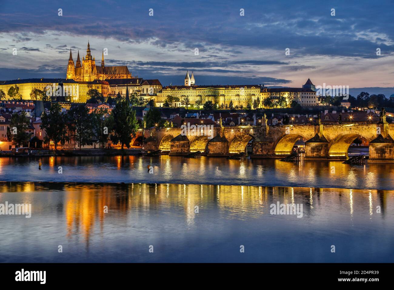 Prague Castle, Charles Bridge and Vltava (Moldau) River, Prague, Czech Republic Stock Photo