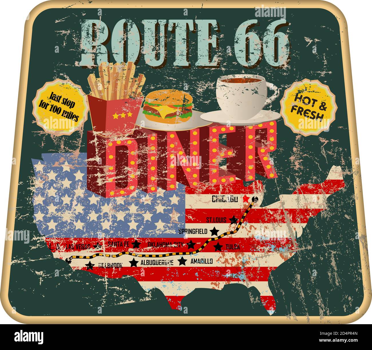 grungy vintage american rote 66 road diner sign and road map on USA flaG, retro grungy vector illustration Stock Vector