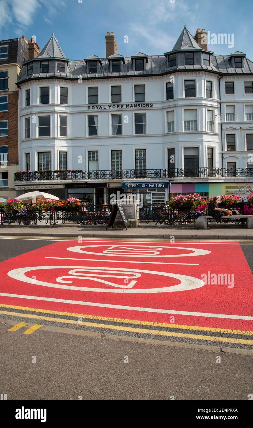 Margate, Kent, England UK. 2020. Old town Margate with  brightly painted 20mph signs in red and white on the street. Stock Photo