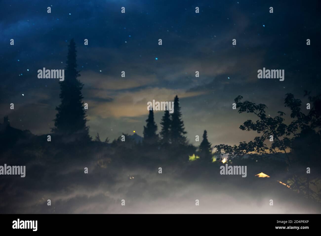 Night scene with coniferous trees with wafts of mist under a cloudy starry sky and illuminated houses in the distance. Stock Photo