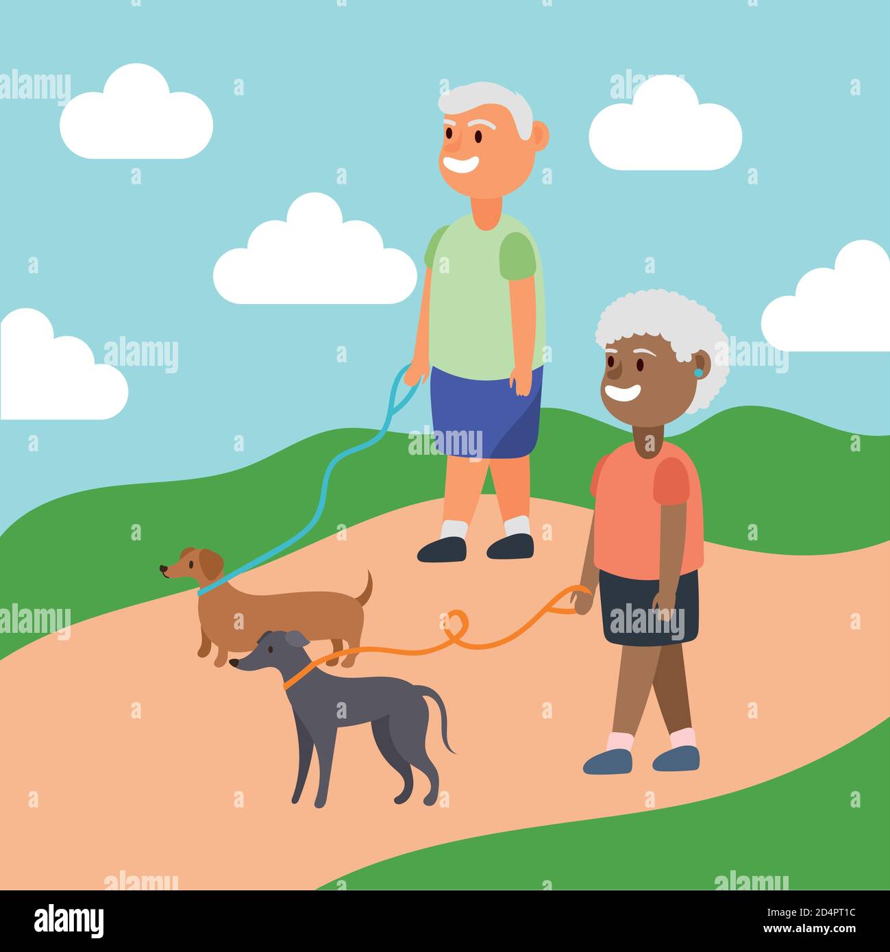 interracial old couple walking with dogs active seniors characters ...