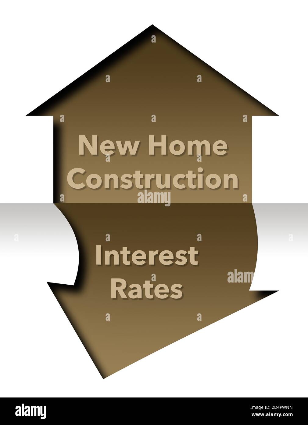 An outline of a home is seen labeled new construction. Below is is an arrow point down labled interest rates. Stock Photo