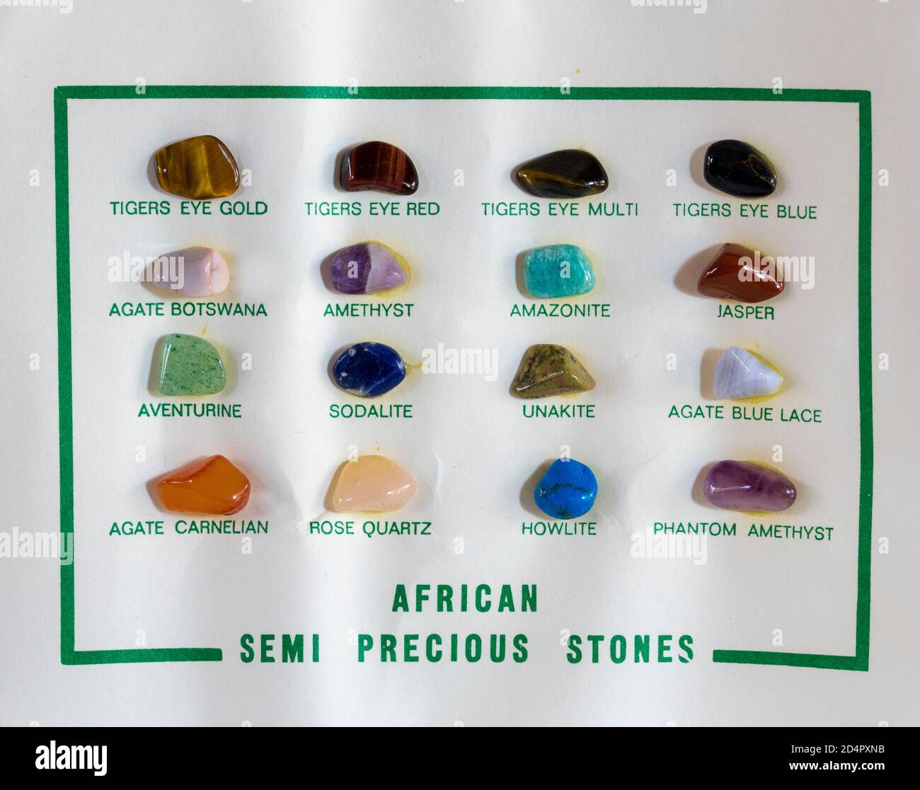 Sample card with a variety of African semiprecious stones Stock Photo