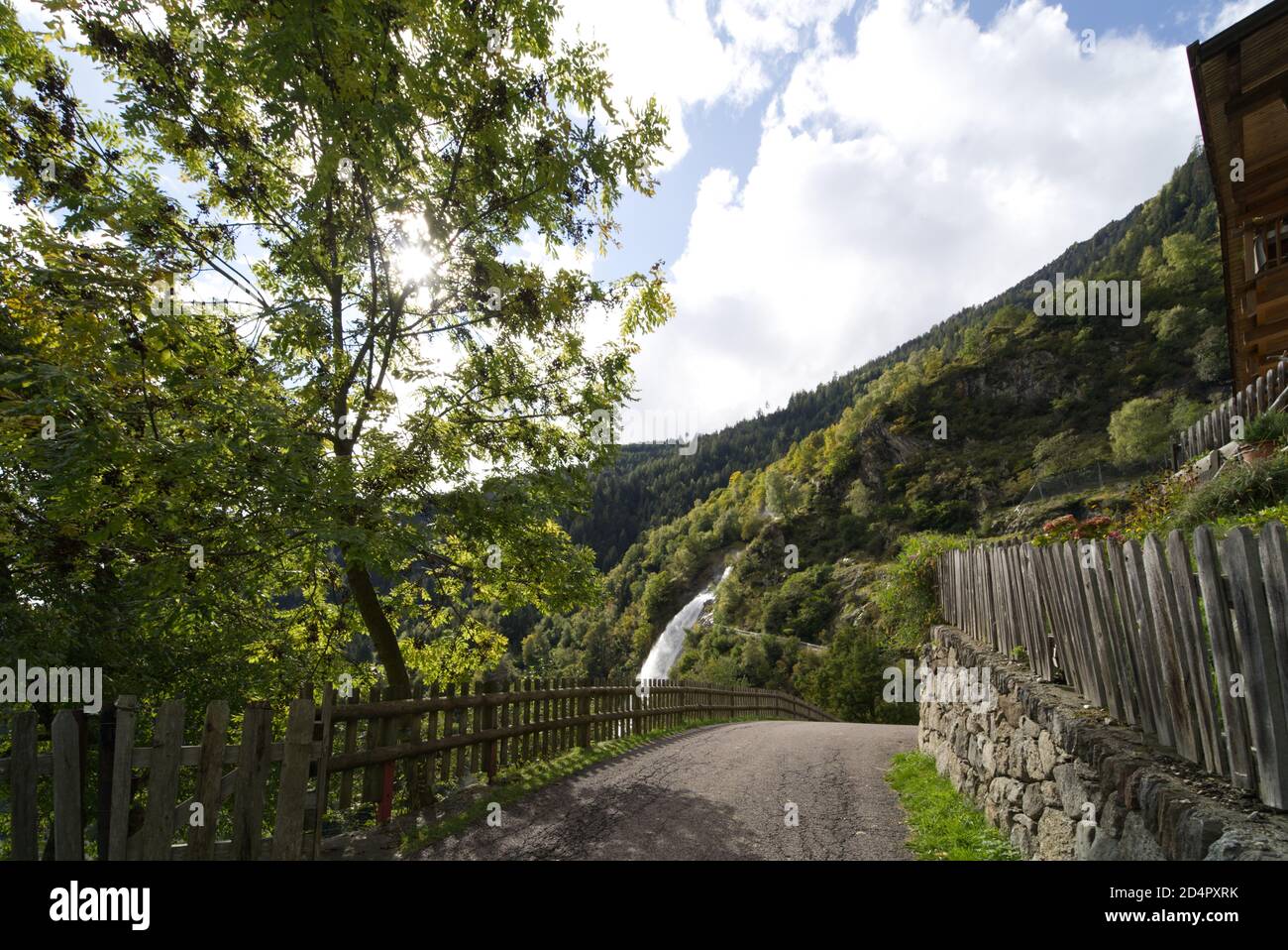 Scenic image with selective focus of the footpath leading to the waterfall near Partschins, South Tirol, Italy. Stock Photo