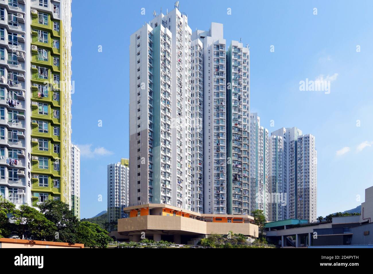 Modern Hong Kong public housing block (Ching Chuen House, Shui Chuen O Estate, Sha Tin, New Territories) completed 2015 水泉澳邨 清泉樓 Stock Photo