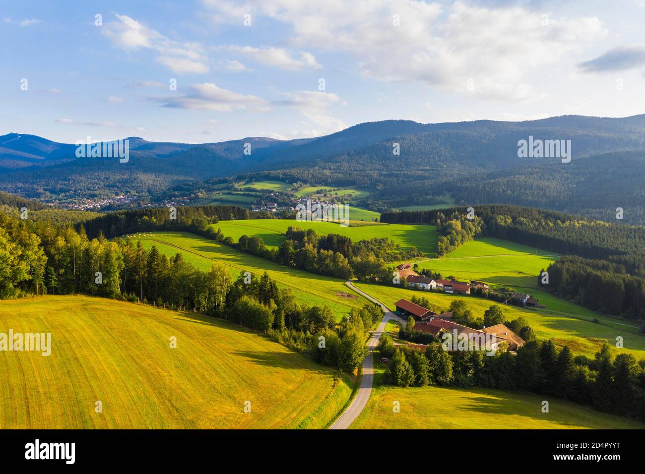 Weiler Silbersbach between and Lam, Lamer Winkel, on the Großer Kleiner Arber, drone picture, Bavarian Forest, Upper Palatinate, Bava Stock Photo -