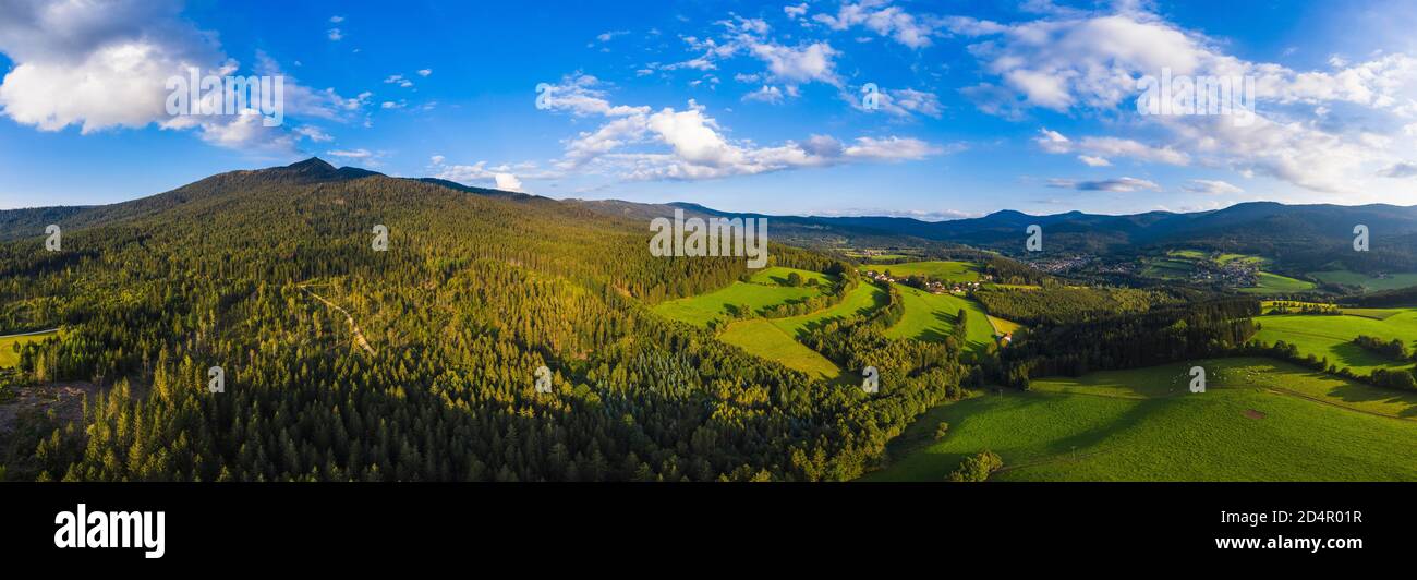 Panorama from Lamer Winkel, between Lam and Lohberg, Osser and Arber mountains, drone shot, Bavarian Forest, Upper Palatinate, Bavaria, Germany, Europ Stock Photo