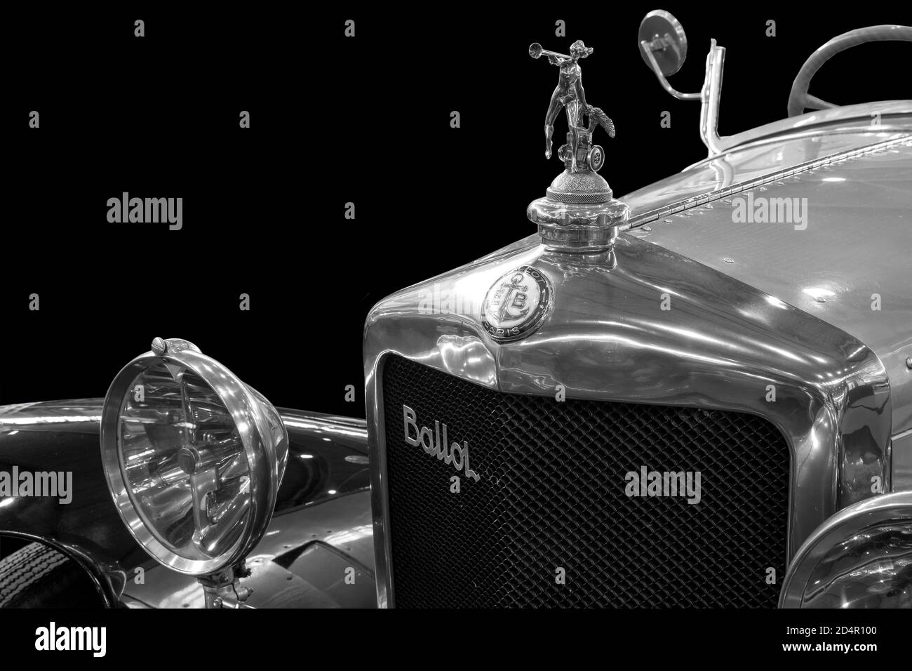 Oldtimer detail, BALLOT 2LT Torpedo by Labourdette, in black and white Stock Photo